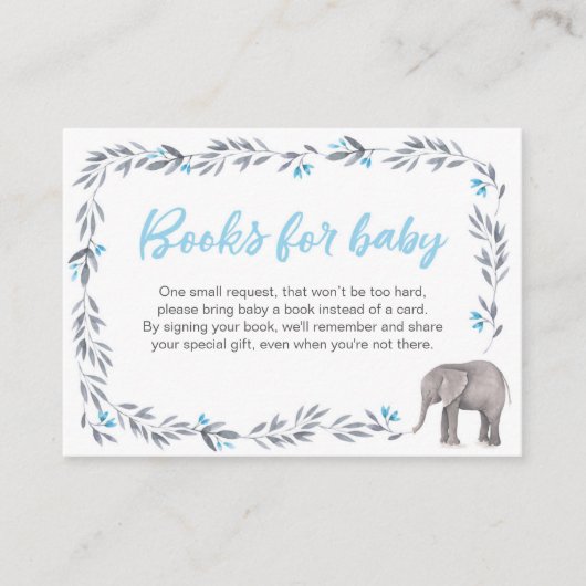 Carte D'accompagnement Livres Baby shower éléphant pour bébé bleu (Devant)