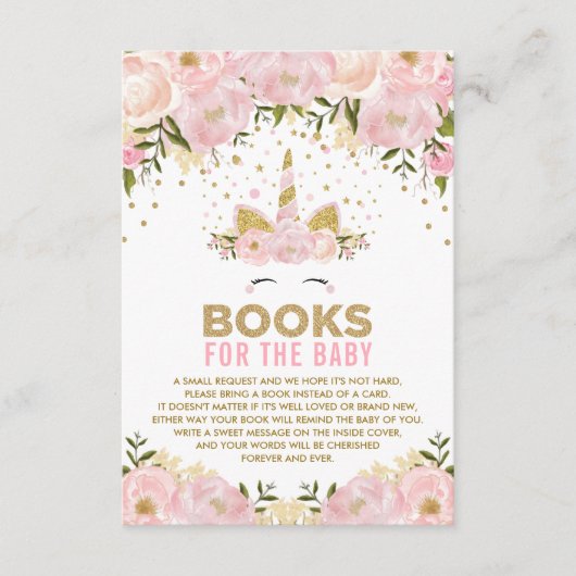Carte D'accompagnement Livres de Unicorne rose florale pour bébé fille (Devant)