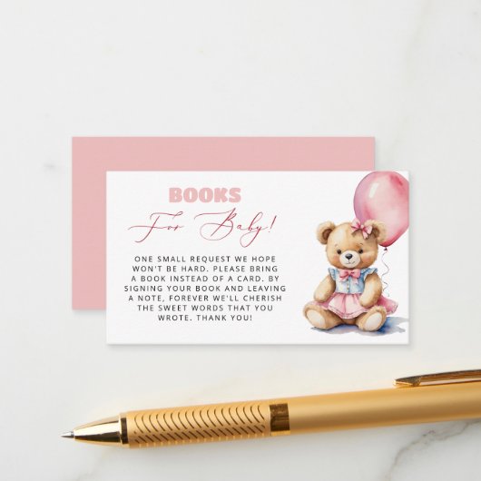 Carte D'accompagnement Livres D'Ours À Balloon Rose Pour Baby shower Fill (Devant/Arrière en situation)