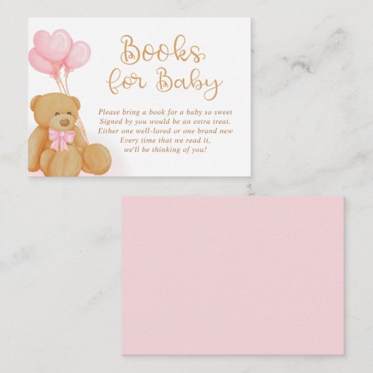Carte D'accompagnement LIVRES Ours Teddy POUR BÉBÉ Demander Ballons Rose (Devant / Derrière)