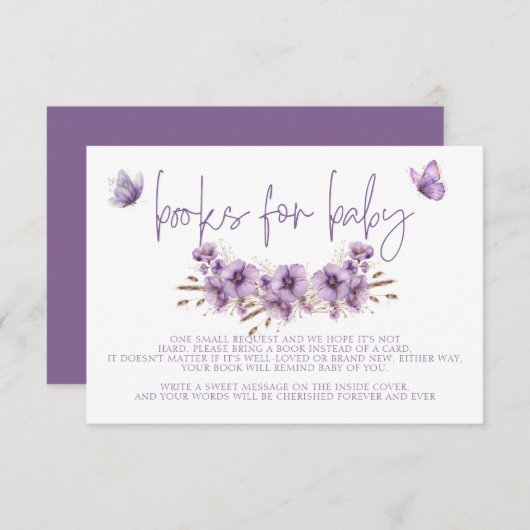 Carte D'accompagnement Livres papillons pourpres pour bébé, Baby shower (Devant / Derrière)