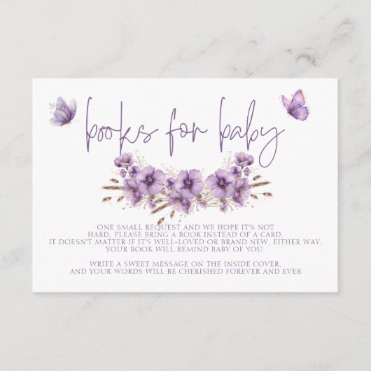 Carte D'accompagnement Livres papillons pourpres pour bébé, Baby shower (Devant)