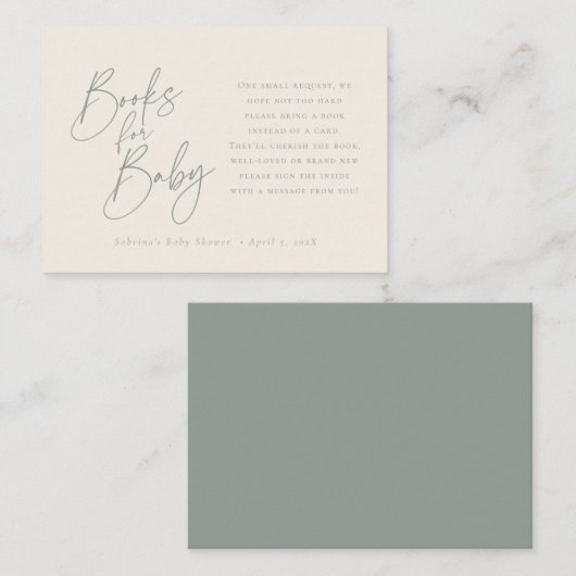 Carte D'accompagnement Livres pour bébé | Élégant Sage Vert Script (Devant / Derrière)