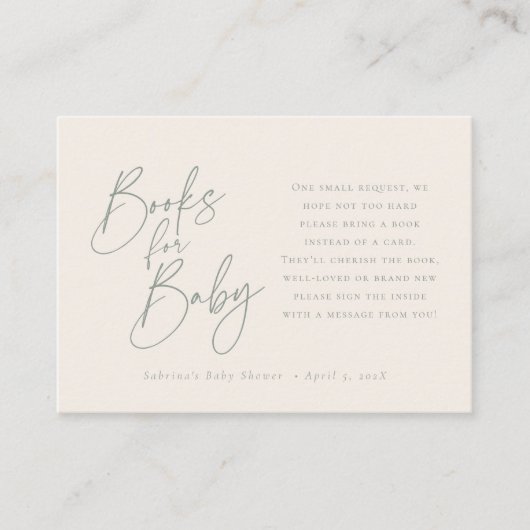 Carte D'accompagnement Livres pour bébé | Élégant Sage Vert Script (Devant)