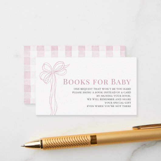 Carte D'accompagnement Long Pink Bow Ribbon Girl Baby Shower Book Request (Devant/Arrière en situation)