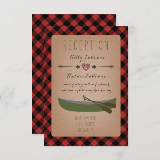 Carte D'accompagnement Lumberjack Plaid Canoe + Flèches Mariage Réception (Devant / Derrière)