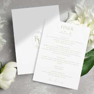 Carte D'accompagnement Lumière Vert Chic Détails Mariage Floral Monogramm