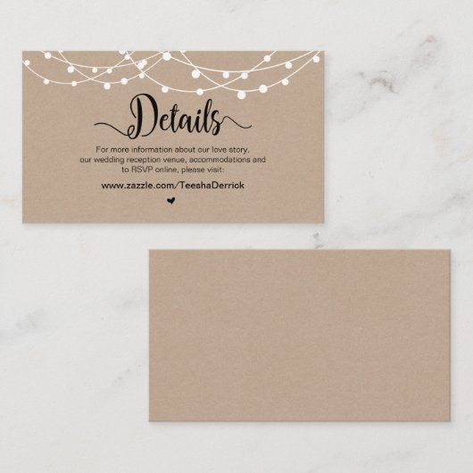 Carte D'accompagnement Lumières à chaîne de ferme rustique, détails Maria (Devant / Derrière)