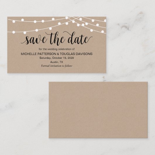 Carte D'accompagnement Lumières à cordes rustiques, Noir, Mariage Enregis (Devant / Derrière)