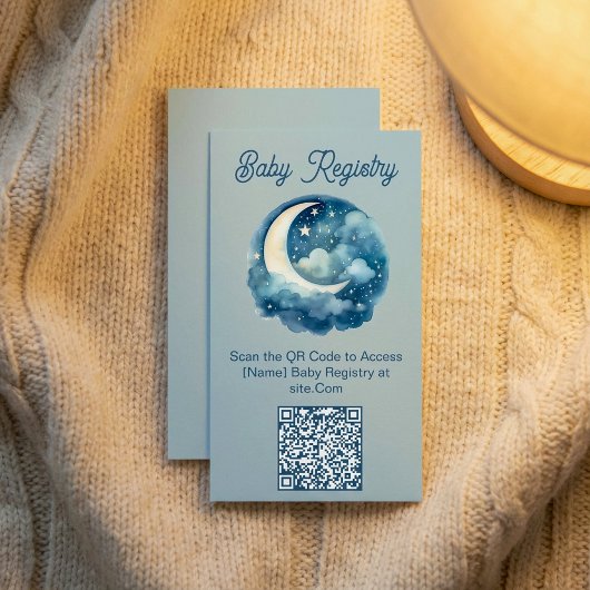 Carte D'accompagnement Lune bleue et étoiles baby shower QR Code Registre