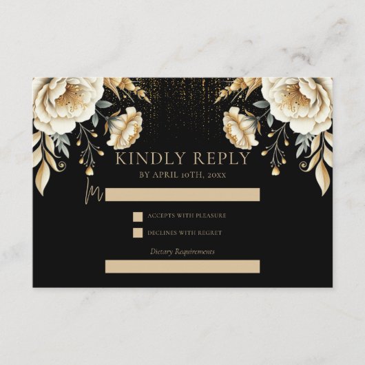 Carte D'accompagnement Luxe Black Ivory & Or Quinceañera Rsvp (Devant)