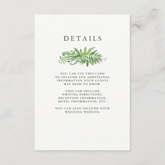 Carte D'accompagnement Luxe Feuille Green Botanical Mariage Détails du cl (Devant)