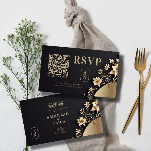 Carte D'accompagnement Luxueux Golden Floral Mariage islamique QR Rsvp