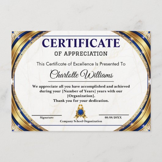 Carte D'accompagnement Luxury Certificate of Appreciation Award Template (Devant)