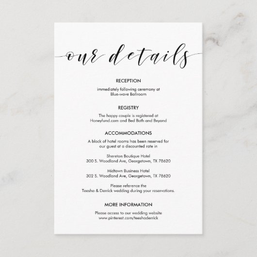 Carte D'accompagnement Magnifique Nos détails Mariages, encre noire (Devant)