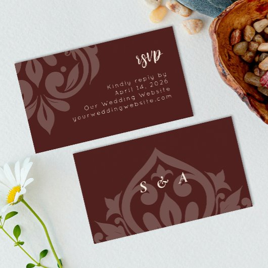 Carte D'accompagnement Mahogany Red Elegant Minimal Damask Mariage RSVP