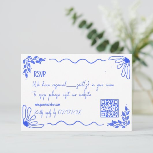 Carte D'accompagnement Main unique tiré Quirky Doodle Français Bleu RSVP (Debout devant)