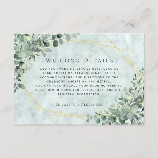 Carte D'accompagnement Marble Eucalyptus Greenery Gold Détails du Mariage (Devant)