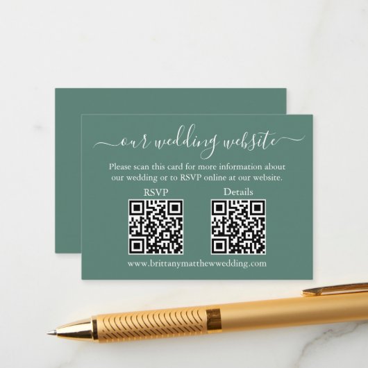 Carte D'accompagnement Mariage 2 QR RSVP Détails Eucalyptus Green (Devant/Arrière en situation)