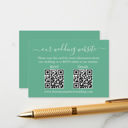 Carte D'accompagnement Mariage 2 QR RSVP Détails Neo Mint Green (Devant/Arrière en situation)