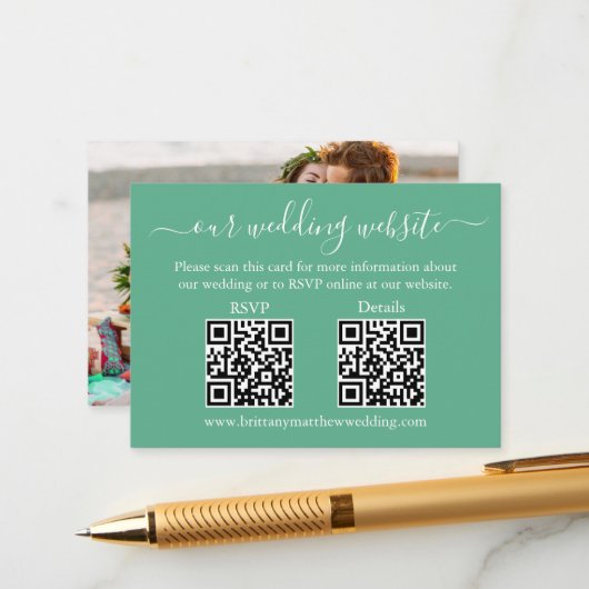 Carte D'accompagnement Mariage 2 QR RSVP Détails Photo Neo Mint Green (Devant/Arrière en situation)