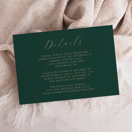 Carte D'accompagnement Mariage à l'écriture dorée vert émeraude