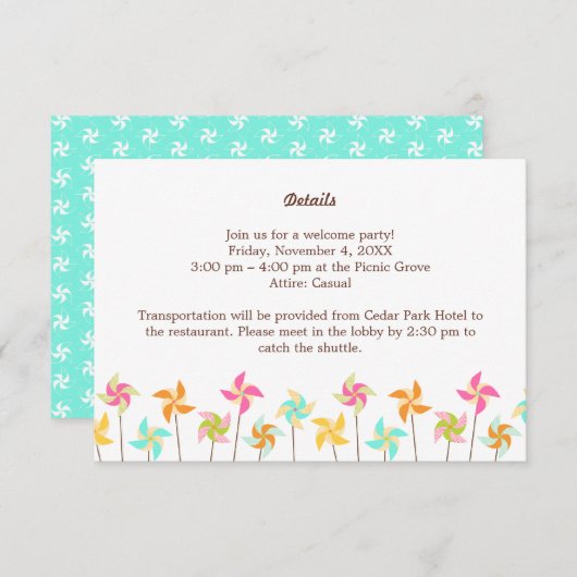 Carte D'accompagnement Mariage à thème Pinwheel coloré (Devant / Derrière)