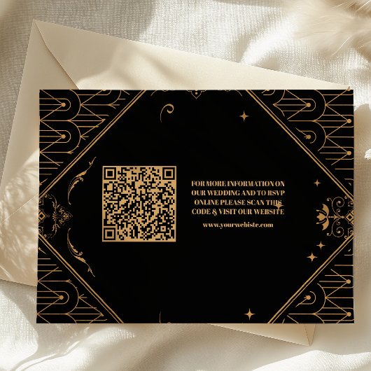 Carte D'accompagnement Mariage Art déco géométrique de code QR en or noir