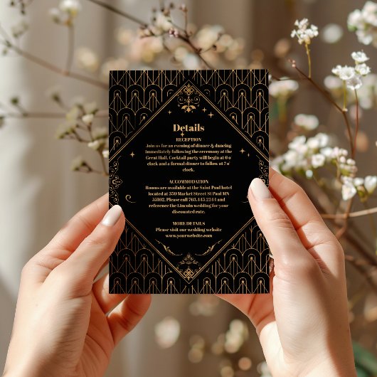 Carte D'accompagnement Mariage Art Déco Géométrique Elégant Or Noir