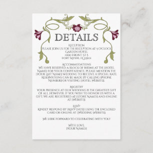 Carte D'accompagnement Mariage Art Nouveau Bourgogne Fleurs Roses Vertes
