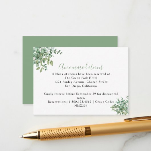 Carte D'accompagnement Mariage aux feuilles d'eucalyptus (Devant/Arrière en situation)