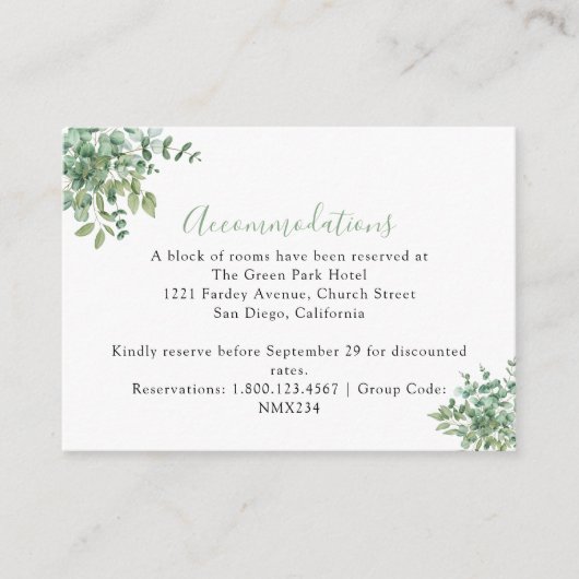 Carte D'accompagnement Mariage aux feuilles d'eucalyptus (Devant)