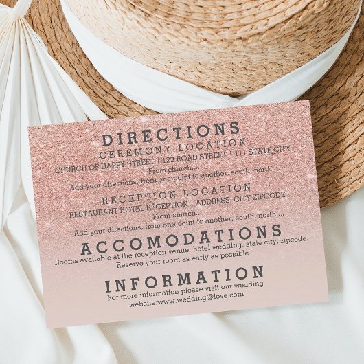Carte D'accompagnement Mariage avec détails de paillettes de faux or rose