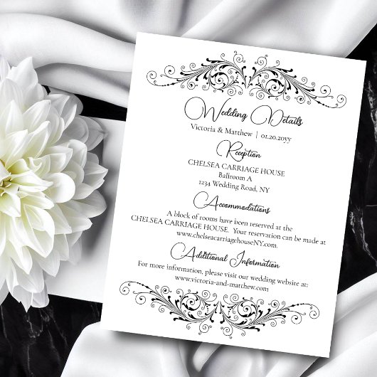 Carte D'accompagnement Mariage Black and White Flouring Elegance Détails