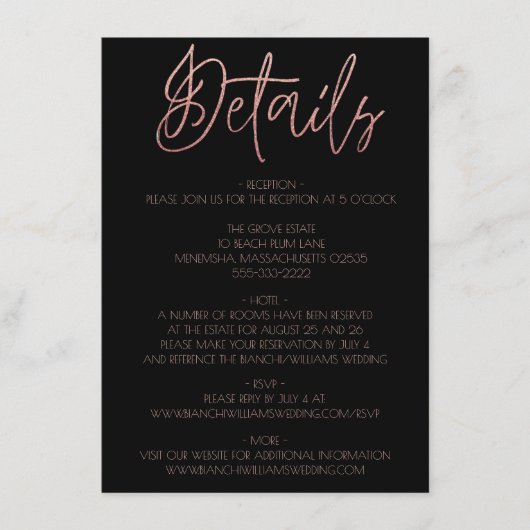 Carte D'accompagnement Mariage Black & Rose Gold Parties scintillant Déta (Devant)