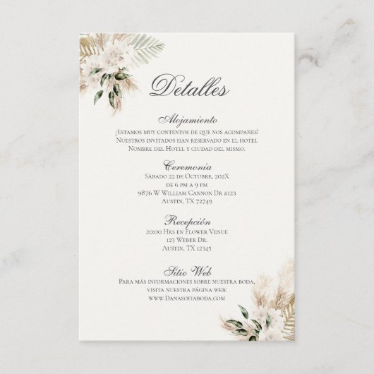 Carte D'accompagnement Mariage Boho espagnol Détalles de la Boda (Devant)