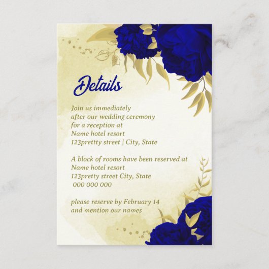 Carte D'accompagnement Mariage botanique d'or des fleurs bleues royales (Devant)