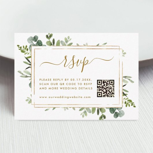 Carte D'accompagnement Mariage Botanique Gold Greenery RSVP avec code QR