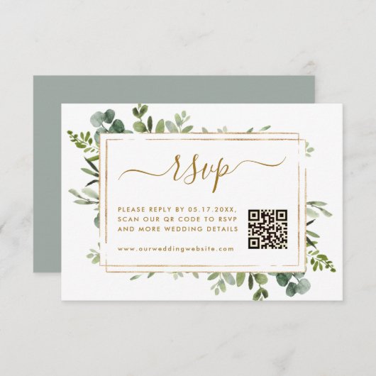 Carte D'accompagnement Mariage Botanique Gold Greenery RSVP avec code QR (Devant / Derrière)