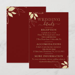 Carte D'accompagnement Mariage botanique moderne au feuillage rouge foncé