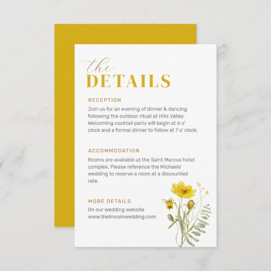 Carte D'accompagnement Mariage Bouquet Fleur sauvage jaune Fleurs de prai (Devant / Derrière)