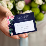 Carte D'accompagnement Mariage budget floral bleu bleu marine rose rose<br><div class="desc">Romantique élégante petite carte de boîtier RSVP avec un bouquet rose couleur rose vif avec feuilles et feuillage verdoyants et un script de calligraphie avec lettrage à la main élégant sur un arrière - plan bleu marine de minuit noir tableau noir. Adjudication et papier à lettres disponibles dans la collection....</div>