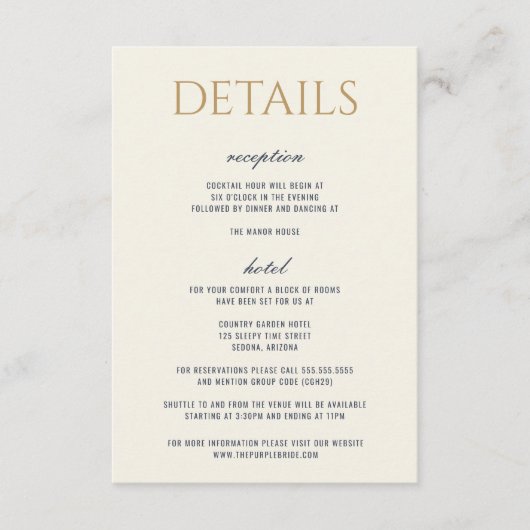 Carte D'accompagnement Mariage céleste bleu et or (Devant)