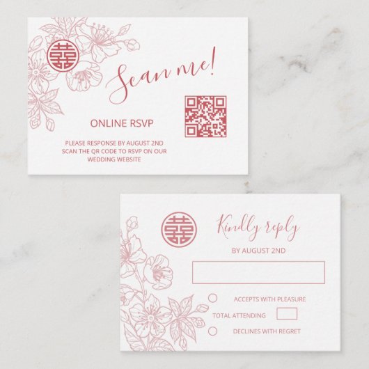 Carte D'accompagnement Mariage chinois rose vif QR Code RSVP en ligne (Devant / Derrière)