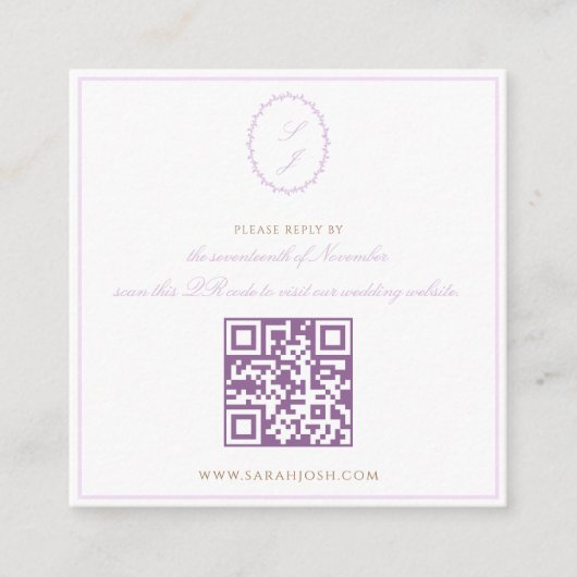 Carte D'accompagnement Mariage classique à monogramme QR RSVP lavande (Devant)