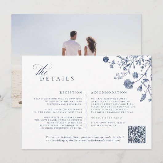 Carte D'accompagnement Mariage classique victorien bleu avec QR code fran (Devant / Derrière)