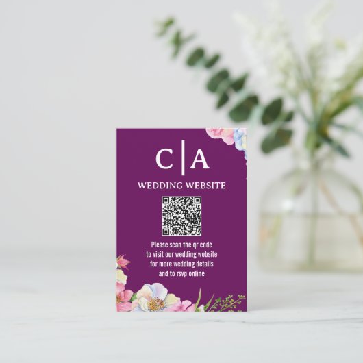 Carte D'accompagnement Mariage Code QR Fleurs Aquarelle Rose Bleu (Debout devant)