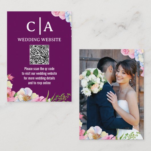 Carte D'accompagnement Mariage Code QR Fleurs Aquarelle Rose Bleu (Devant / Derrière)