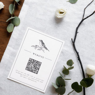 Carte D'accompagnement Mariage Code QR Noir et Blanc Oiseau Vintage