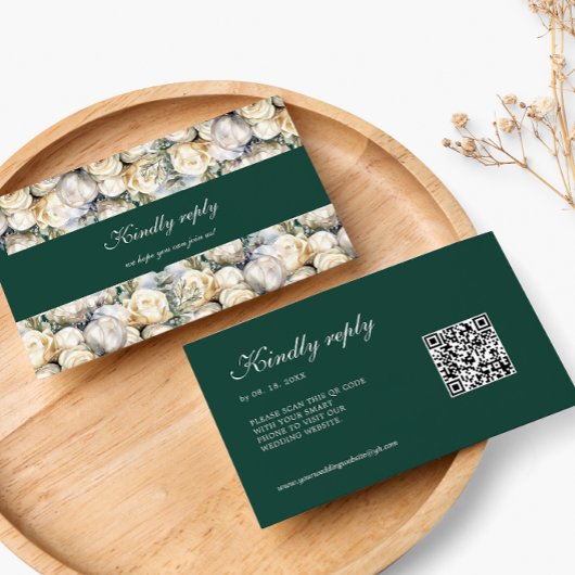 Carte D'accompagnement Mariage code QR RSVP Roses Blanches Vert Émeraude